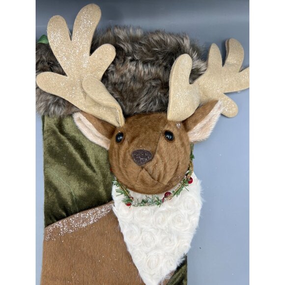 North Pole Trading Co Reindeer Stocking With Faux Fur Body Holly Accent Trees - Picture 3 of 15
